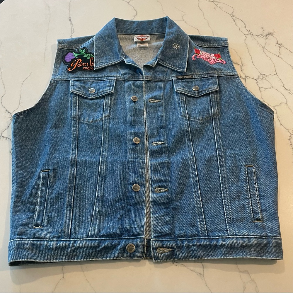 Harley Davidson Motorcycle Denim Vest with Patches - Picture 3 of 17